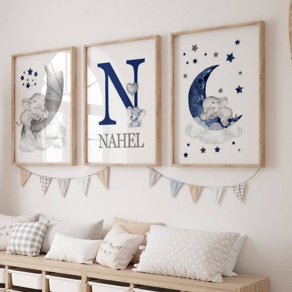 Décoration Chambre Bébé et Enfant Garçon - Set 3 affiches Personnalisées - Cadeau de Naissance Éléphant- Triptyque Eléphant Bleu Gris -