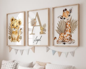 Décoration Chambre Bébé Et Enfant Savane Dorée - Affiches Avec Prénom Personnalisé, Animaux et Feuillage en Or - Ideal pour Chambre mixte