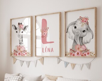 Girl&#39;s Room Decoration - Pink Jungle Animals Painting - Set of 3 Posters with Flowered Initial and First Name - Birth Gift - Baptism
