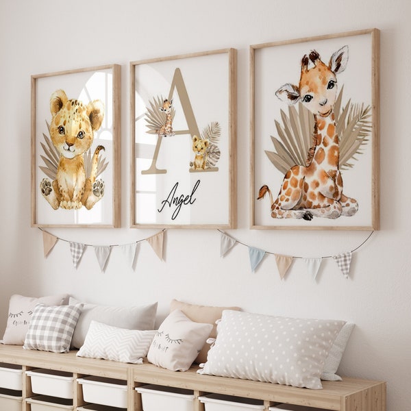 Baby and Child Room Decoration Golden Savannah - Posters with Personalized Name, Animals and Foliage in Gold - Ideal for Mixed Room