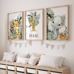 Savanna Baby and Child Room Decoration - Personalized Gift with First Name - 3 Posters on the Safari Theme with Palm Leaves