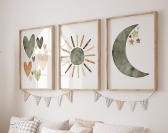 Set 3 Boho Posters - Rainbow Sun Cloud Green - Children's Room Decoration Painting - Rainbow Poster - Emerald