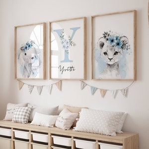 Decoración de la habitación infantil con tema de sabana - Juego de 3 carteles - Regalo de nacimiento con nombre personalizado - Tríptico de animales de sabana
