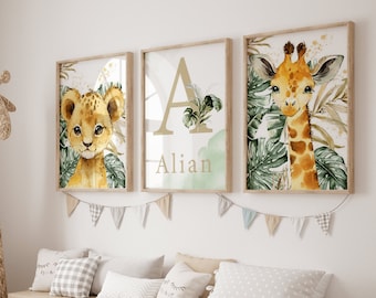 Savannah Bedroom Decoration - Set of 3 Wall Canvases with Personalized First Name - Lion and Elephant Children&#39;s Poster - Savannah Animals