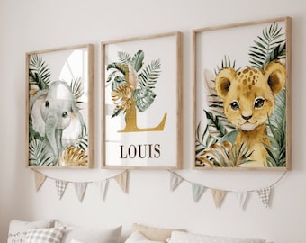 Décoration Chambre Bebe et Enfant Savane - Lot 3 Toiles avec Prénom Personnalisé  - Affiche Enfant Lion et Éléphant - Animaux de la Savane