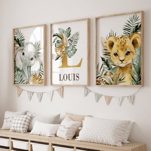 Affiches chambre enfant animaux de la jungle avec prénom personnalisée. Affiche elephant, lion avec feuillage dore