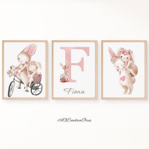 Lote 3 lienzos de conejo personalizados - Póster de regalo de nacimiento - Arte de pared Decoración de la habitación del bebé - Póster infantil con tema de conejo