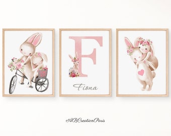 Set of 3 Personalized Rabbit Canvases - Birth Gift Poster - Wall Art Baby Room Decoration - Rabbit Theme Children's Poster