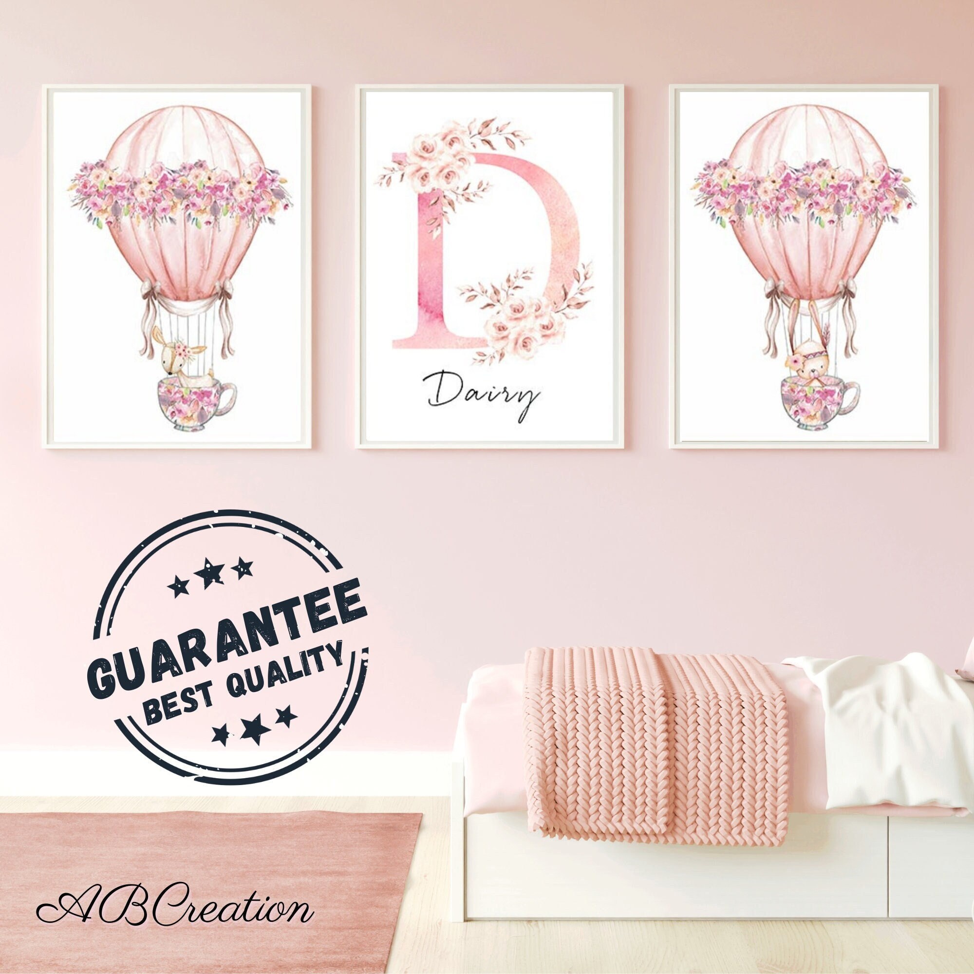 Lot 3 Affiches Personnalisées Montgolfière Animaux de La Foret - Cadeau Naissance Personnalisé Tript