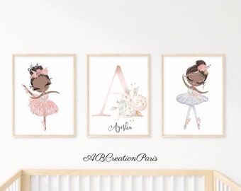 Lot 3 Personalized Ballerina Dancer Posters - Baby Girl Room Decoration - Birth Gift - First Name and Floral Initial