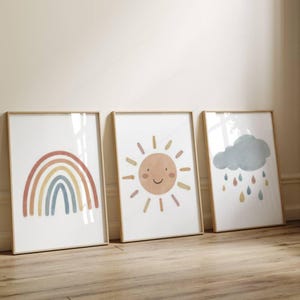 Decoración de habitación de bebé y niño en acuarela - Set de 3 pósteres bohemios con motivos de arcoíris, nubes y sol - Regalo original de nacimiento