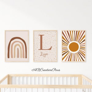 Set 3 Terracotta Posters - Personalized Baby Room Decoration - Terracotta Rainbow Poster - Initial and Sun - Boho Wall Art