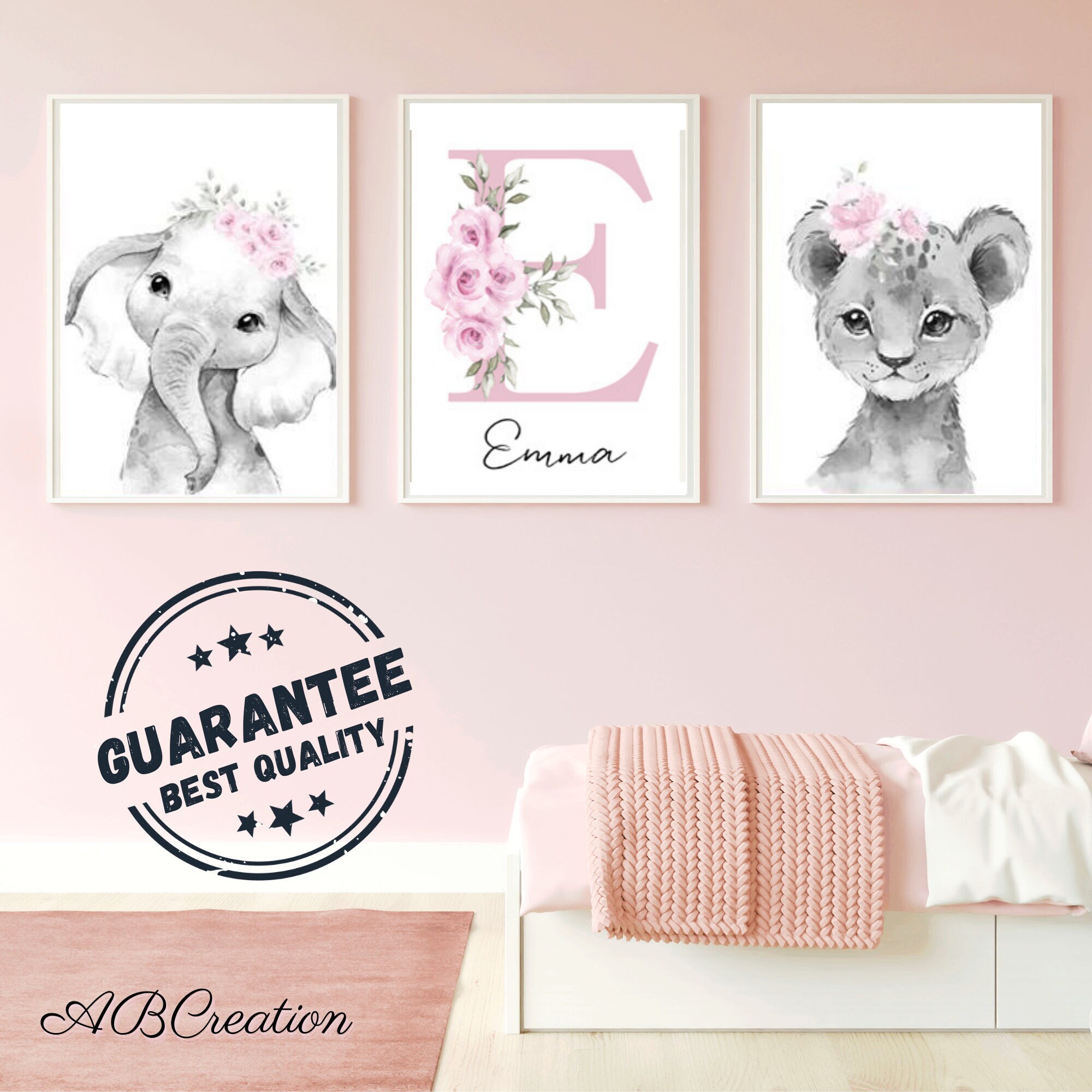 Lot 3 Toiles Personnalisées - Affiche Cadeau Naissance Décoration Animaux Chambre Bébé Initiale Fleu
