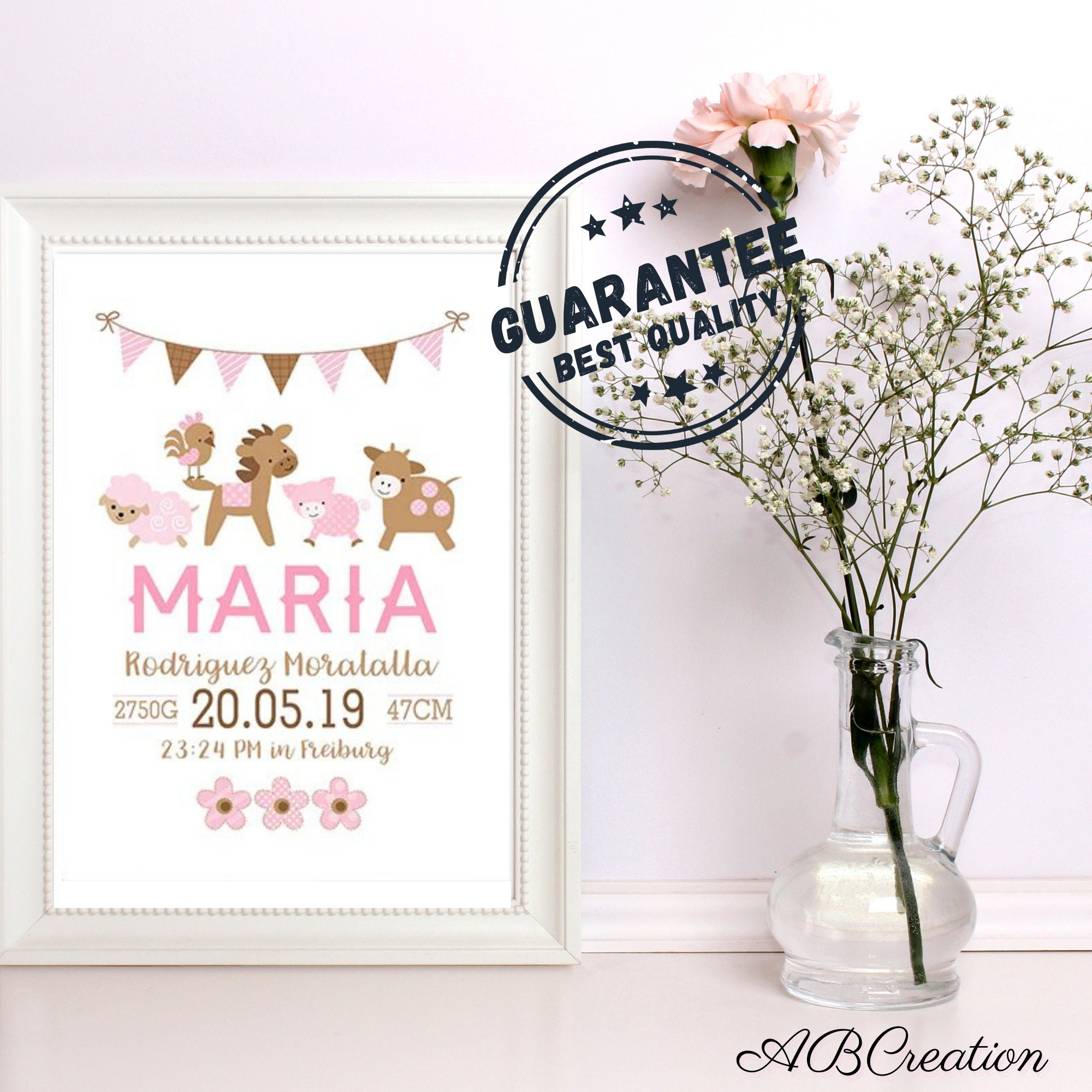 Affiche Naissance Personnalisée Fille/Décoration Murale Chambre Bébé Cadeau de Personnalisé