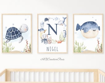 Children's Bedroom Wall Decoration - Marine Animals Theme - Set of 3 Whale Posters - Ocean Birth Gift - Sea Animals Triptych