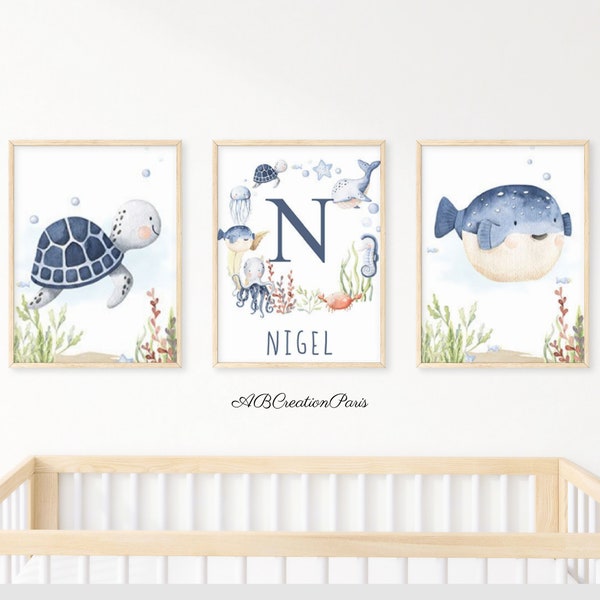 Décoration Murale Chambre Enfant - Thème Animaux Marins - Set 3 affiches Baleines -  Cadeau de Naissance Océan - Triptyque Animaux de la Mer