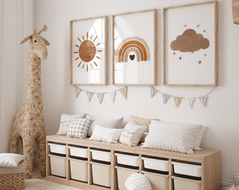 Baby Children's Room Decoration Terracotta - Boho Style Rainbow Poster - Set Terracotta Rainbow Sun Cloud Boho Poster