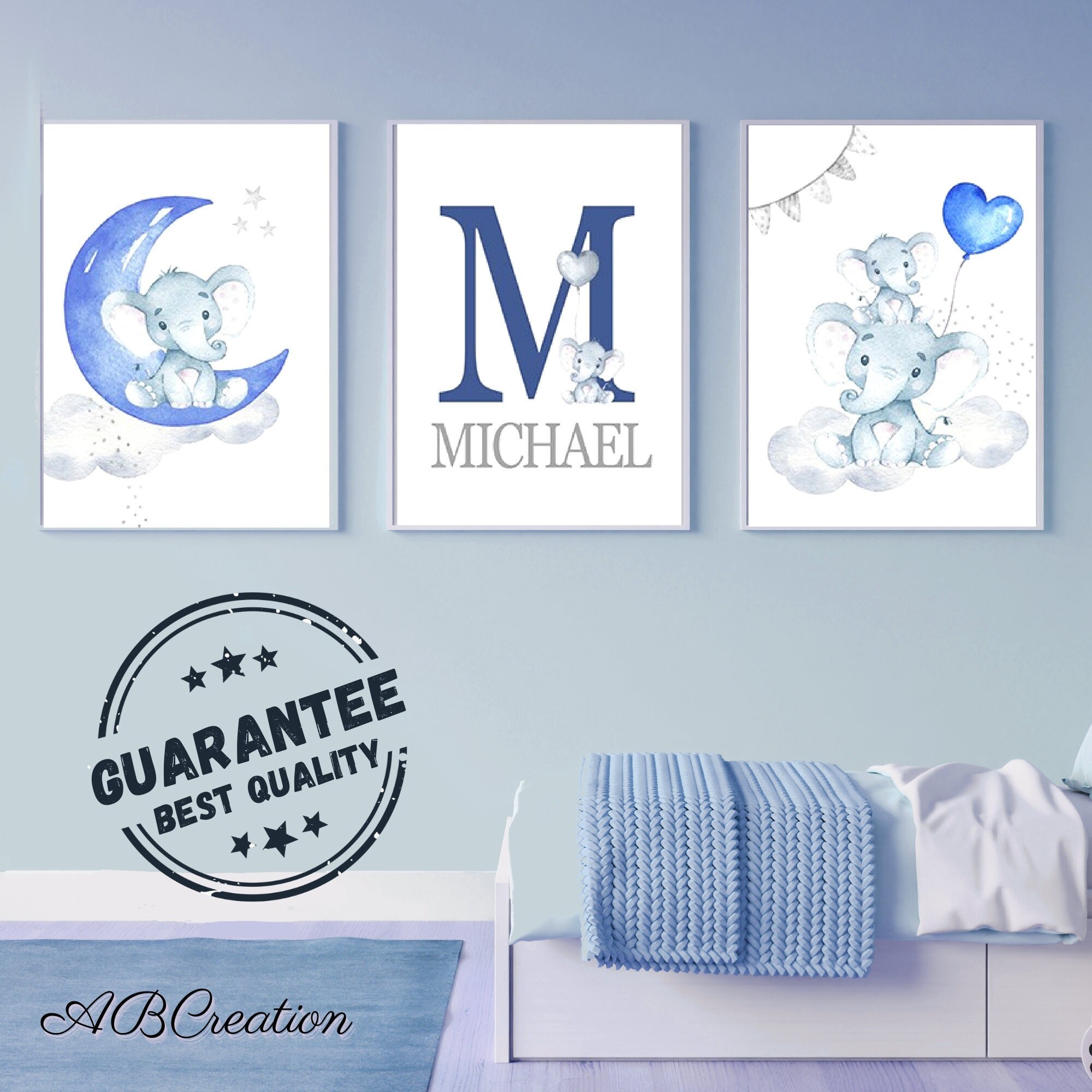 Set 3 Affiches Personnalisée Cadeau de Naissance - Triptyque Eléphant Bleu Décoration Chambre Bébé G