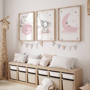 Juego de 3 carteles personalizados de regalo de nacimiento - Tríptico para decoración de habitación de niña - Luna, nube y estrella