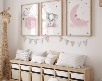 Set of 3 Personalized Birth Gift Posters - Triptych Baby Girl Room Decoration - Moon Cloud Star