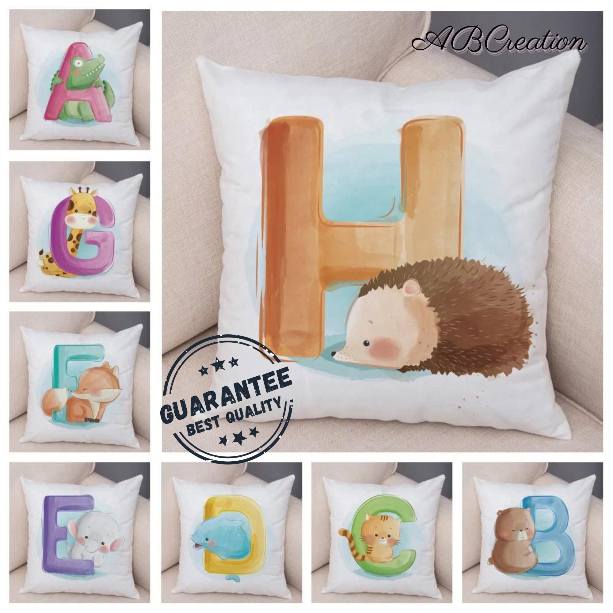 Housse de Coussin Imprimée Initiale Animaux Aquarelle - Decoration Chambre Bebe Cadeau Naissance Ori