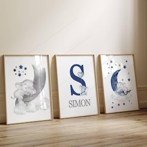 Baby and Child Boy Room Decoration - Set of 3 Personalized Posters - Elephant Birth Gift - Blue Gray Elephant Triptych -