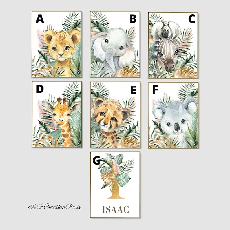 Savanna Baby and Child Room Decoration Set of 3 Canvases with Personalized First Name Lion and Elephant Child Poster Savanna Animals image 2
