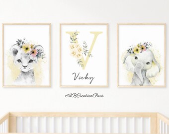 Kinderzimmer-Poster, Wanddekoration – Set mit 3 personalisierten Postern – personalisiertes Geschenk zur Geburt – Triptychon mit Dschungeltieren
