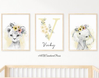 Kinderkamerposter, wanddecoratie - Set van 3 gepersonaliseerde posters - Gepersonaliseerd geboortecadeau - Jungle Dieren Drieluik