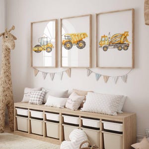 Decoración infantil: Juego de 3 pósteres de acuarela de excavadoras y camiones. Regalo de cumpleaños para niños: excavadora, coches amarillos.