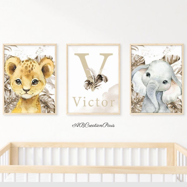 Savanna Animals Children's Room Poster - Mixed Room Decoration - Personalized Birth Gift with First Name