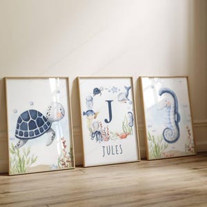 Decoración de pared para dormitorio infantil - Tema de animales marinos - Juego de 3 pósteres de ballenas - Regalo de nacimiento en el océano - Tríptico de animales marinos