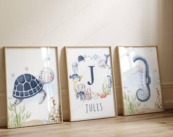 Children's Bedroom Wall Decoration - Marine Animals Theme - Set of 3 Whale Posters - Ocean Birth Gift - Sea Animals Triptych