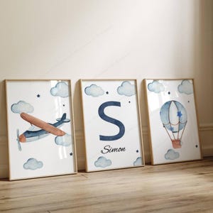 3er-Set personalisierte Poster Wolke und Vorname Flugzeug - Geburtsgeschenk - Wanddekoration - Dekoration Babyzimmer Junge