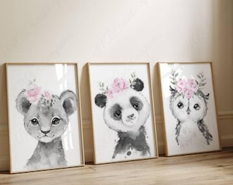 Set of 3 Personalized Jungle Canvases - Birth Gift Poster - Wall Art Baby Room Decoration - Lion and Elephant Children's Poster