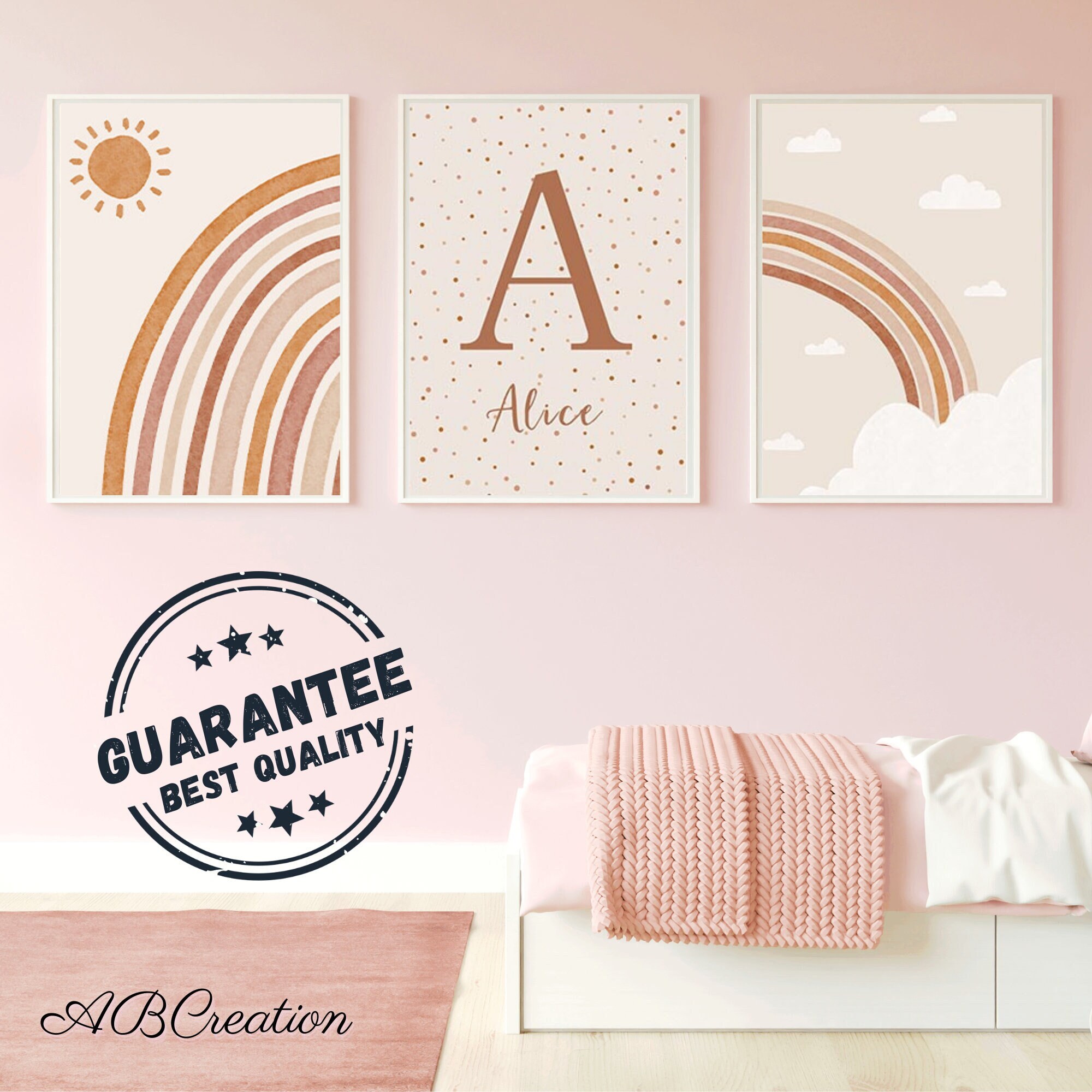Set 3 Affiches Personnalisées Style Boho Décoration Chambre Bébé Cadeau de Naissance Arc-En-Ciel Ter