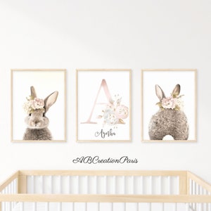 Lot 3 Personalized Posters - Baby Girl Room Decoration - First Name Initial Flowers. Rabbit Poster, Birth Gift for Newborn