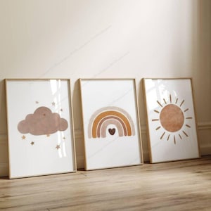 Baby Child Room Decoration Terracotta - Rainbow Poster Boho Style - Set Terracotta Poster Rainbow Sun Cloud Boho