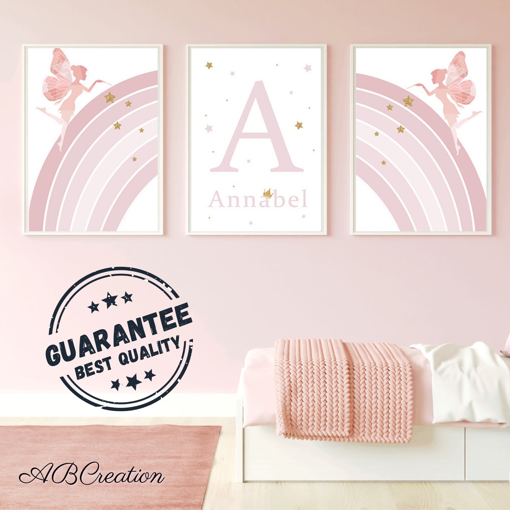 Lot 3 Affiches Arc-En-Ciel Rose Cadeau de Naissance Personnalisé - Triptyque Décoration Chambre Bébé