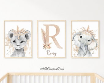 Set of 3 Personalized Posters - Birth Gift - Children's Room Decoration - Beige Floral Initial - Savanna Animals Triptych