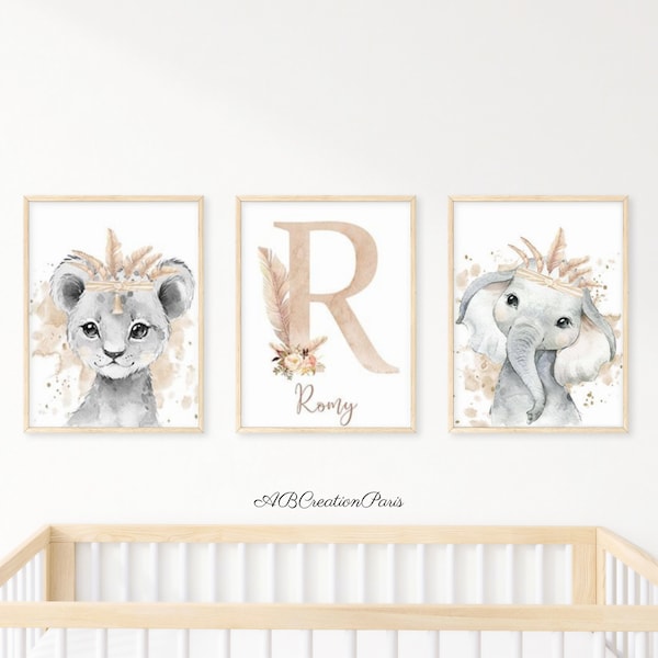 Set of 3 Personalized Posters - Birth Gift - Children's Room Decoration - Beige Floral Initial - Savanna Animals Triptych
