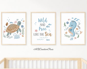 Décoration Murale Chambre Enfant - Thème Animaux Marins - Set 3 affiches Baleines -  Cadeau de Naissance  - Triptyque Animaux de la Mer