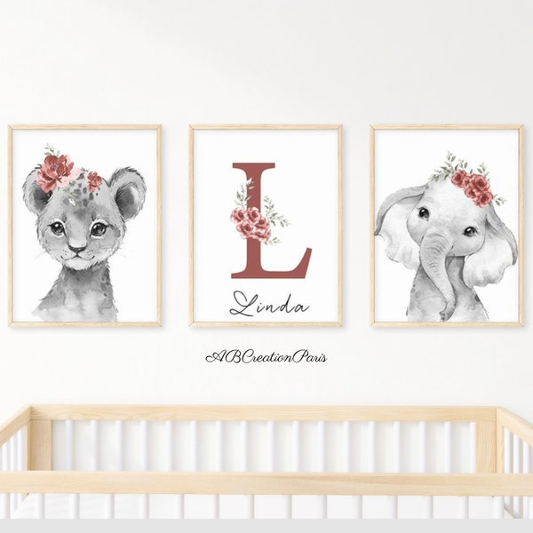 Lot 3 Toiles Personnalisées Jungle - Affiche Cadeau Naissance - Art Mural Décoration Chambre Bébé  - Affiche Enfant Lion et Éléphant