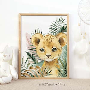 Affiche lion avec feuillage dore