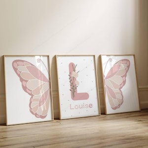 Baby and Child Room Decoration - Set of 3 Posters with Personalized First Names - Birth Gift - Butterfly and Heart Triptych