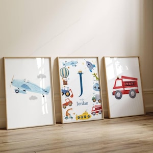 Decoración infantil con temática de vehículos: juego de 3 pósteres de avión, coche y camión. Regalo de nacimiento para bebé niño.