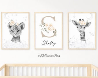 Affiche Chambre bébé Fille - Lot 3 Toiles Personnalisées Jungle - Cadeau Naissance - Art Mural Chambre Enfant  - Affiche Lion et Éléphant