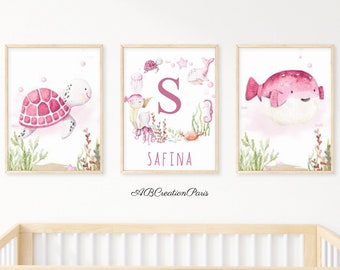 Children's Bedroom Wall Decoration - Marine Animals Theme - Set of 3 Whale Posters - Birth Gift - Sea Animals Triptych