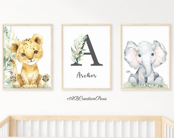 Animal Theme Room Decoration - Set of 3 Personalized Posters - Birth Gift - Lion Giraffe Elephant - Children's Wall Poster
