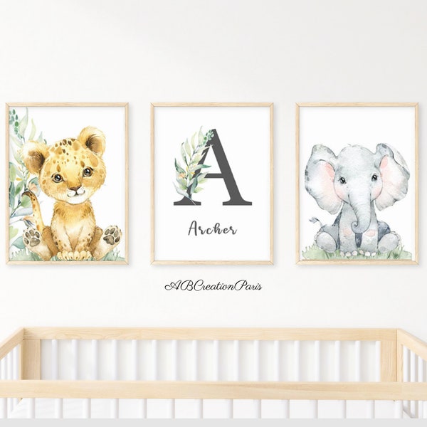 Animal Theme Room Decoration - Set of 3 Personalized Posters - Birth Gift - Lion Giraffe Elephant - Children's Wall Poster